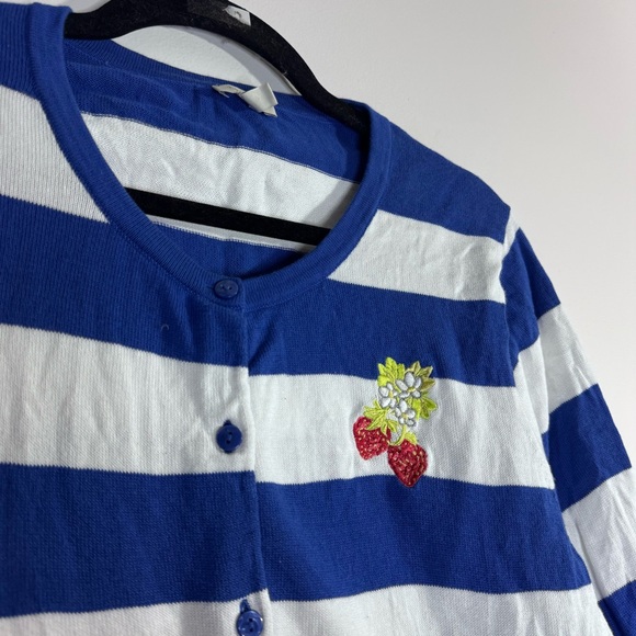 Talbots Blue & White Striped Cotton Cardigan Strawberry Embroidery XL - Picture 2 of 7
